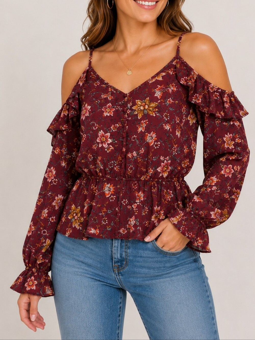 LE LIS Women's Burgundy Floral Cold Shoulder Ruffle Sleeve Boho Blouse